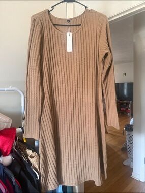 Ribbed Long-Sleeve Knit Dress in Camel